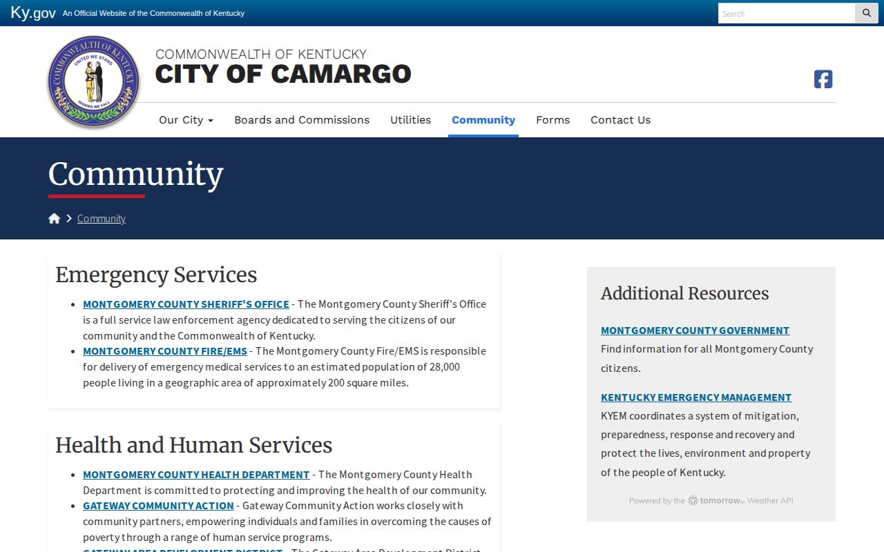 Camargo Kentucky community emergency services page listing Montgomery County Sheriff for arrest services