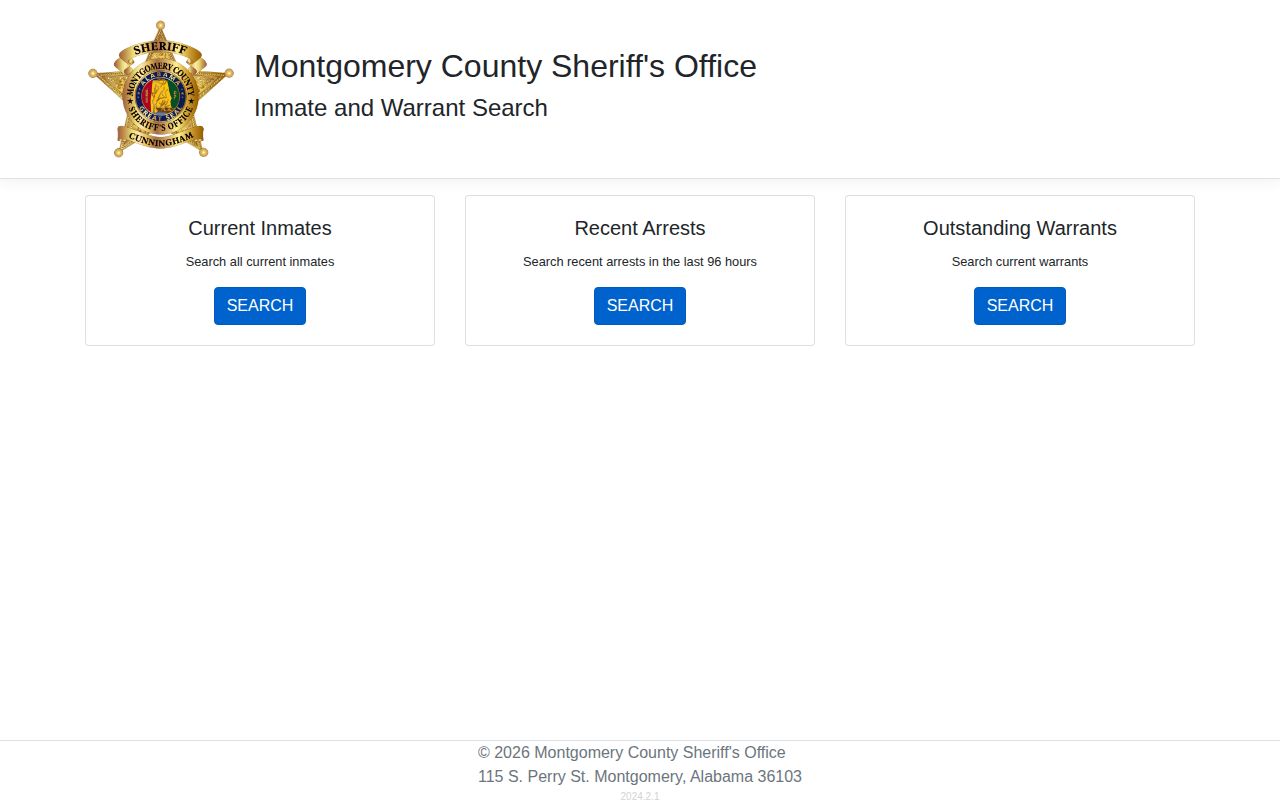Montgomery County MCSO inmate and warrant portal menu for arrest lookup