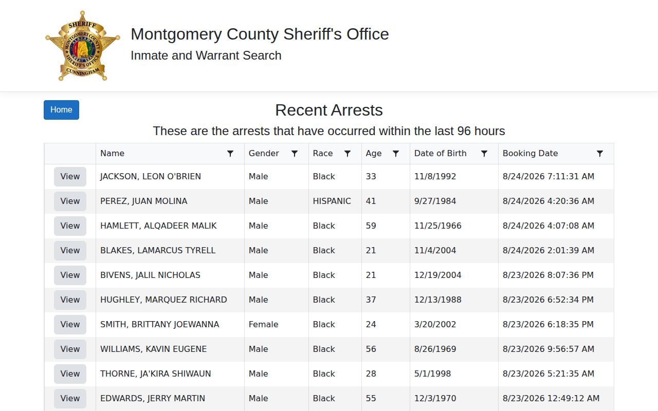 Montgomery County recent arrests 96-hour booking feed